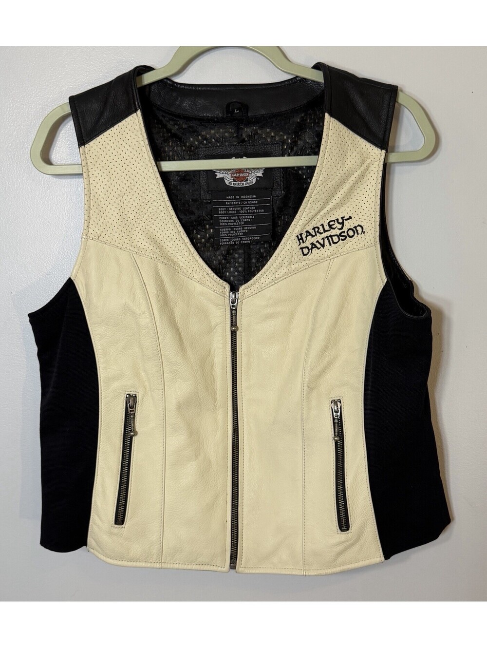 Harley Davidson Leather Vest Women Cream Black Perforated Biker Motorcycle Large